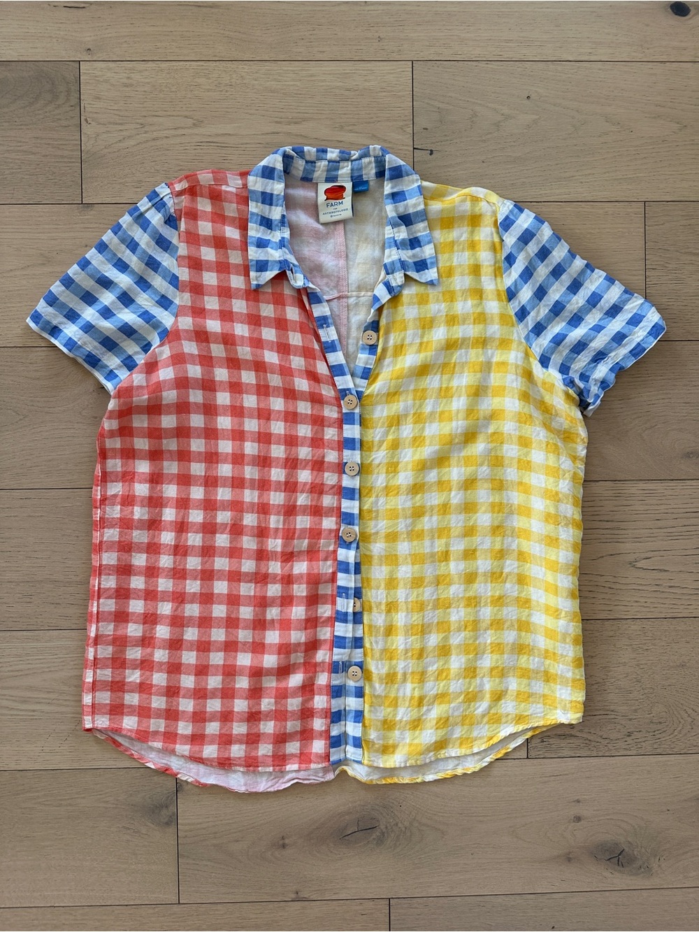 FARM Rio Multicolor Gingham Button-Down Shirt in Red, Yellow & Blue